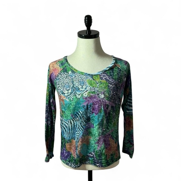 Portman Animal Print Long Sleeve Shirt Zebra Tiger Floral Embellished Colorful - Picture 1 of 4